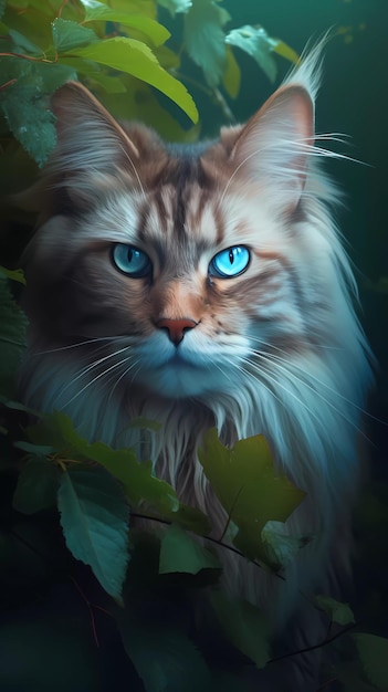 青い目をした猫が木に座っています。