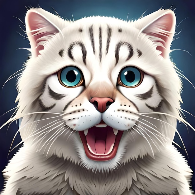 A cat with blue eyes is smiling and the word cat is on the front.