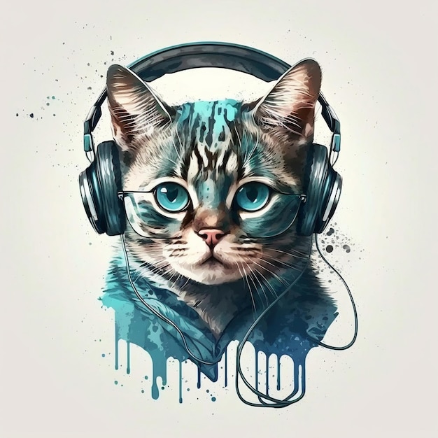 A cat with blue eyes is wearing headphones and a blue headphone.