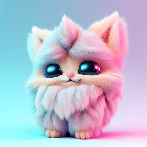 A cat with blue eyes and a pink and blue background.