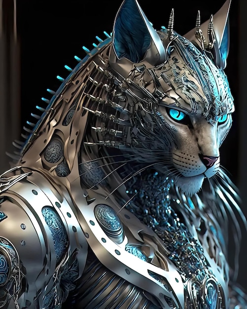 A cat with blue eyes and a silver metal armor.