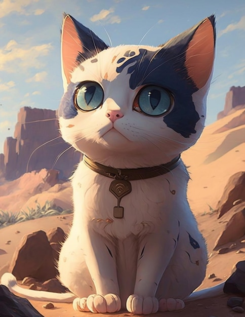 A cat with blue eyes sits in a desert.