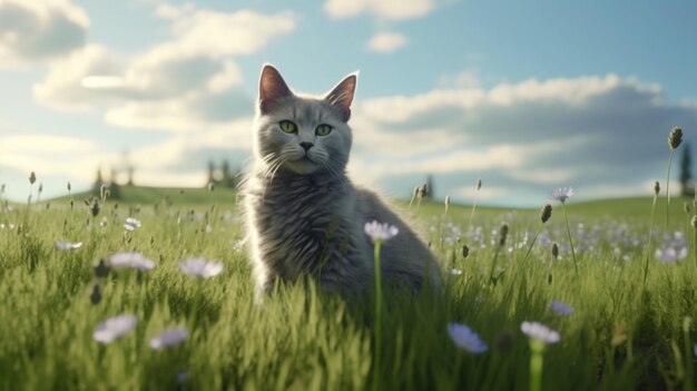 A cat with blue eyes sits in a field with a green landscape in the background 3d illustration