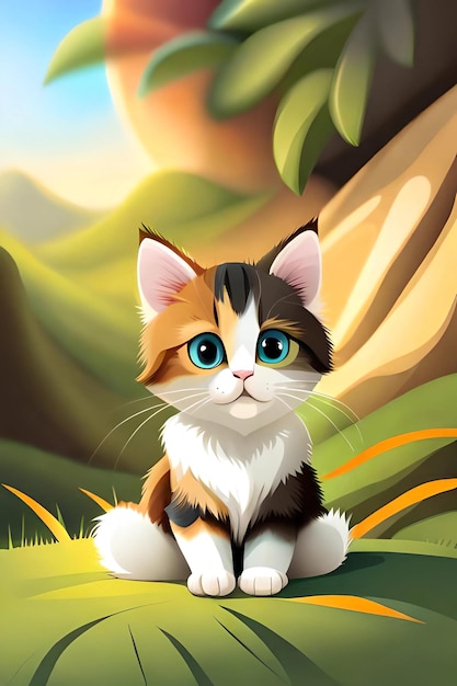 A cat with blue eyes sits in a field with a green landscape in the background.