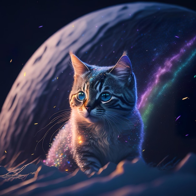 A cat with blue eyes sits in front of a moon.