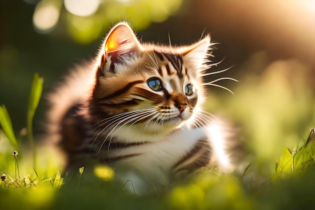 A cat with a blue eyes sits in the grass.