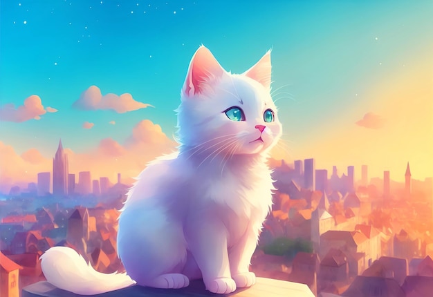 Кошка с голубыми глазами сидит на выступе перед городским пейзажем.