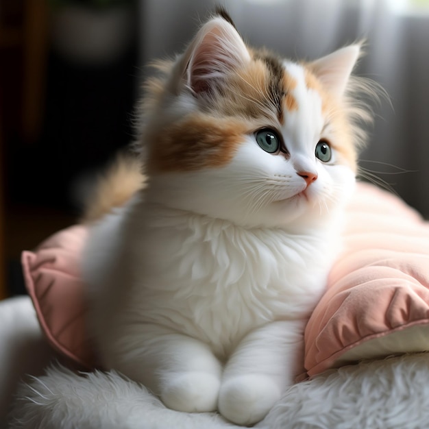 A cat with blue eyes sits on a pillow.