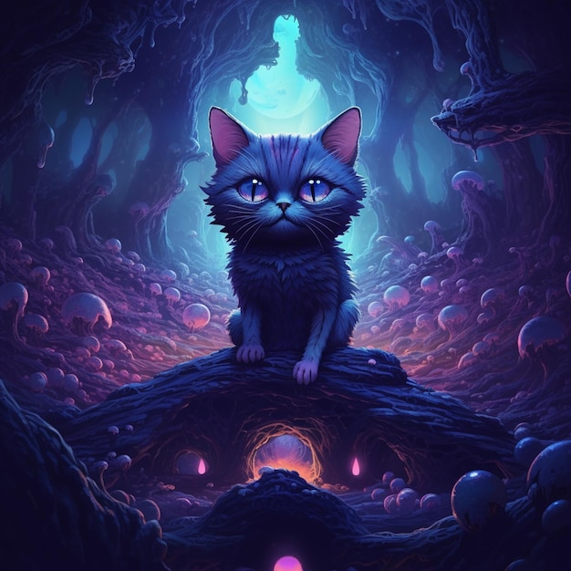 A cat with blue eyes sits on a rock in a dark room.