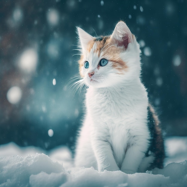 青い目をした猫が雪の中に座っています。