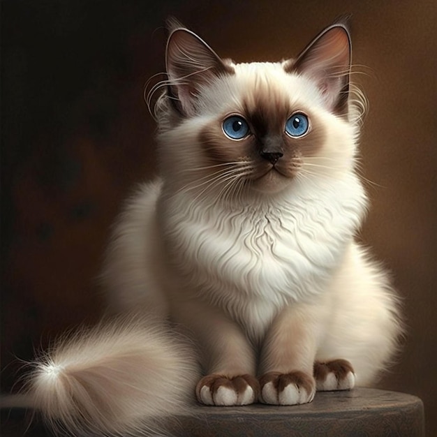 A cat with blue eyes sits on a stool.