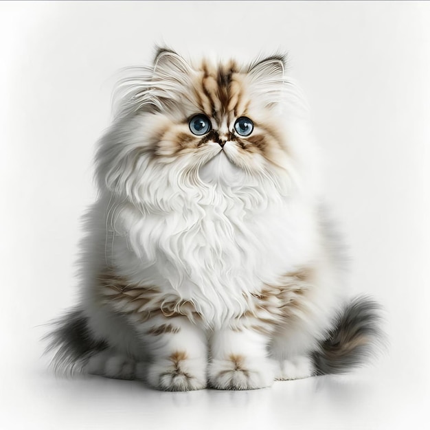 A cat with blue eyes sits on a white background.