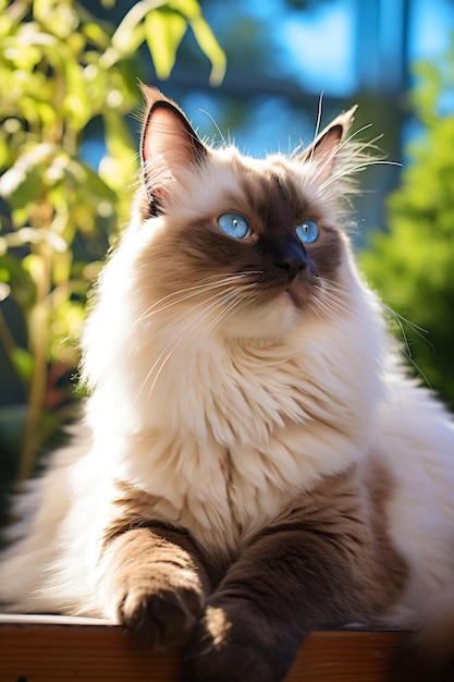 a cat with blue eyes sitting on a ledge