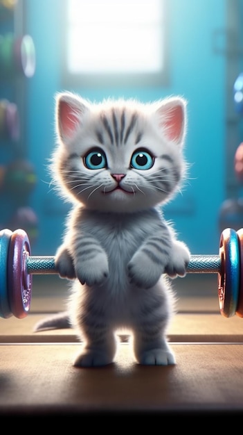 A cat with blue eyes stands on a barbell.