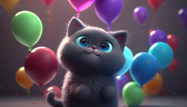 A cat with blue eyes stands in front of balloons.