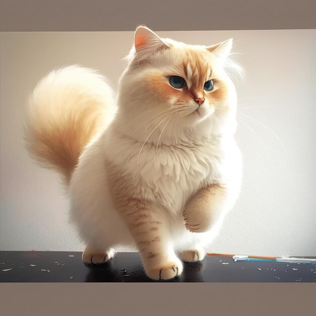 Photo a cat with blue eyes stands on a table.