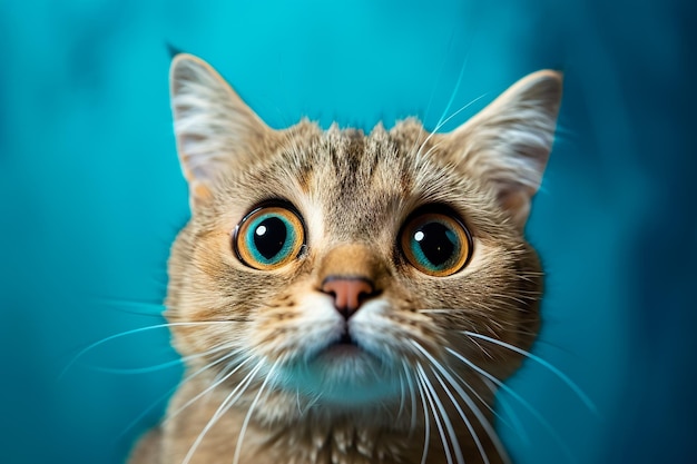 A cat with blue eyes stares at the camera