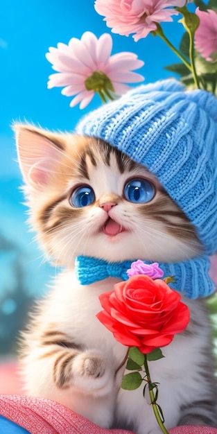 A cat with blue eyes wearing a blue hat and a blue bow tie with a red rose in the middle