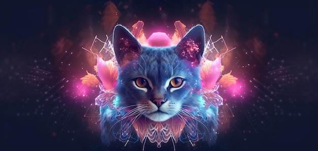 A cat with a blue face and a pink and yellow light on the bottom.