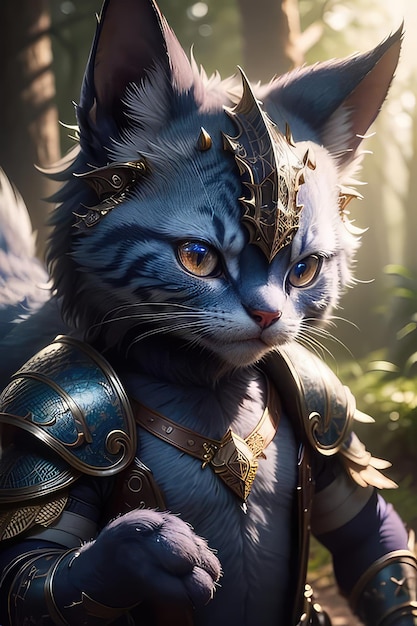 A cat with a blue and gold helmet and a sword