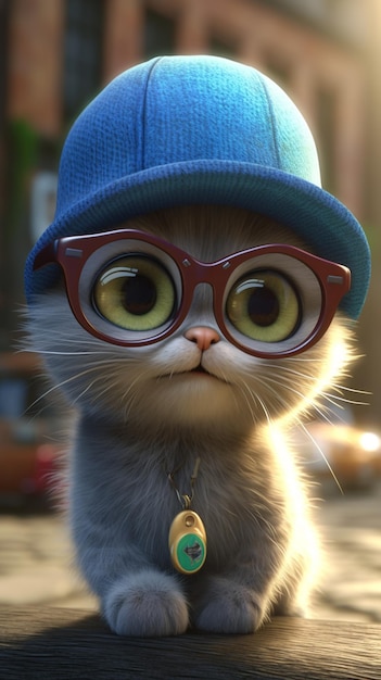 A cat with a blue hat and glasses