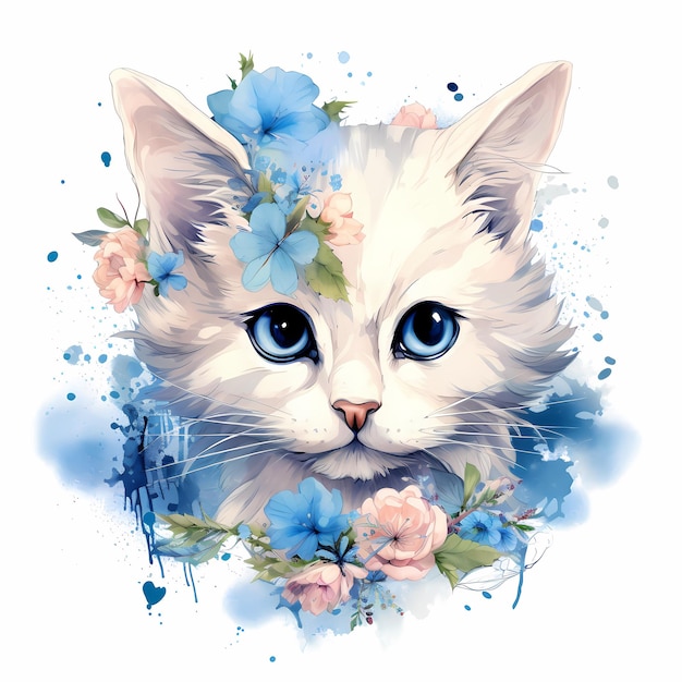 a cat with a blue head and flowers on it