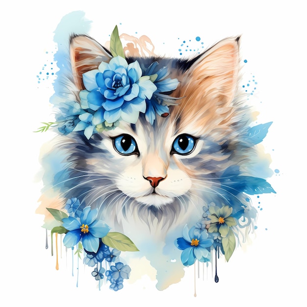 a cat with a blue head and flowers on it