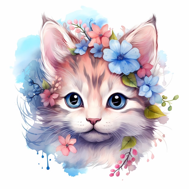 a cat with a blue head and flowers on it