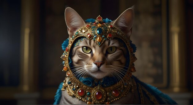 a cat with a blue headdress