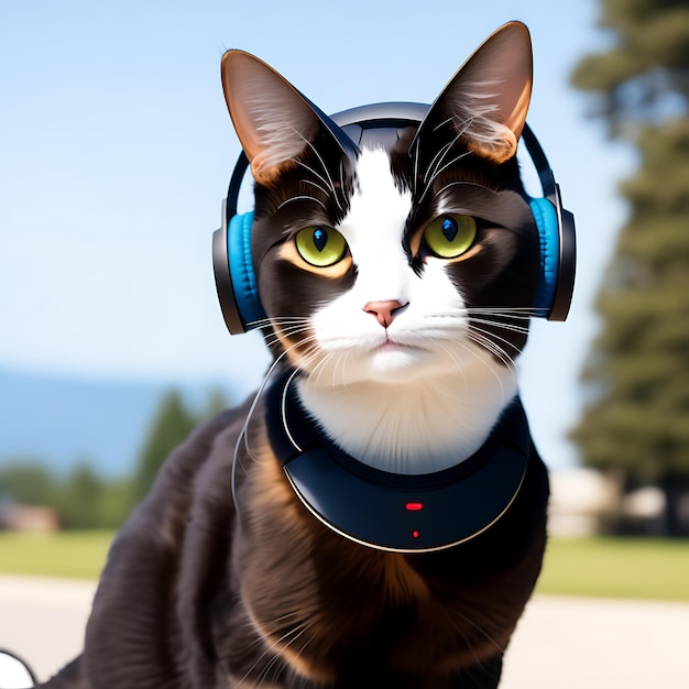 A cat with blue headphones on the street AI