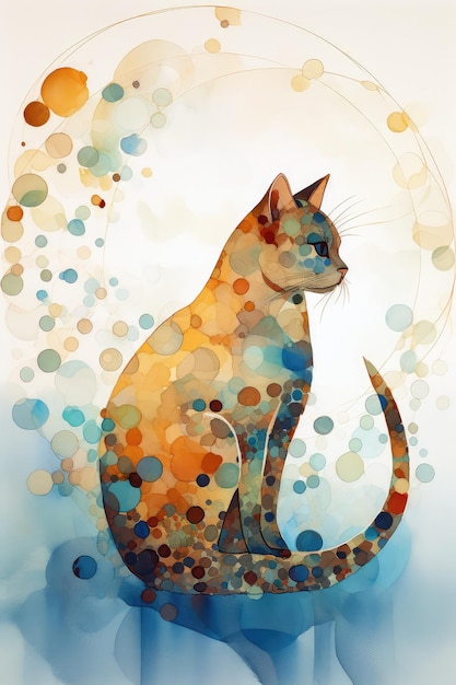 A cat with a blue and orange background