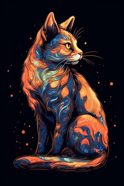 A cat with a blue and orange tail sits on a black background.
