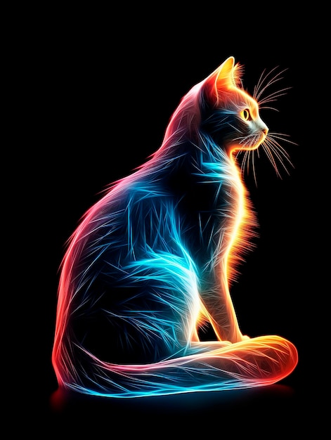 Cat with blue and red lines on a black background Vector illustration
