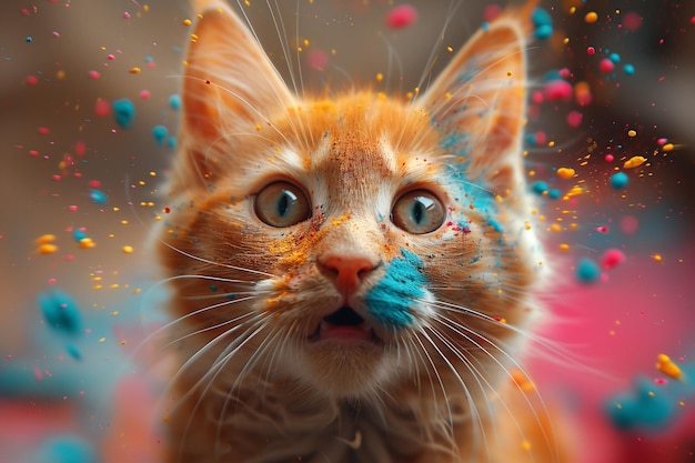 A cat with blue and yellow sprinkles on its face celebrating Holi Festival of Colors