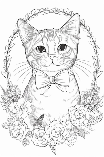 A cat with a bow on its neck sits among flowers.