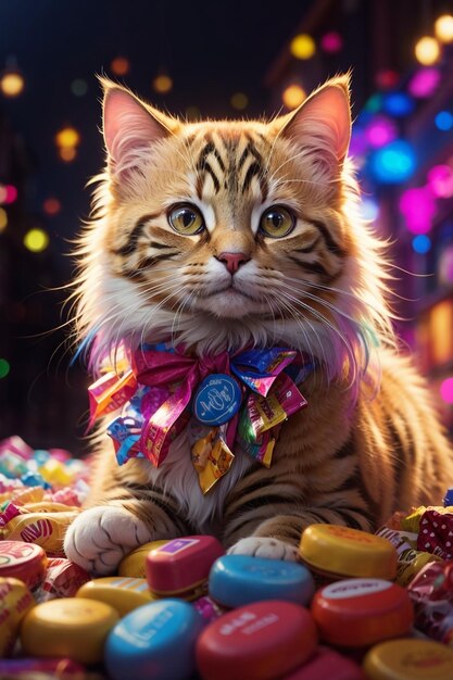 A cat with a bow on its neck sits in front of a christmas tree with colorful candies