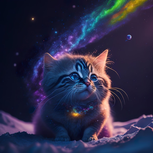 青と白の縞模様の蝶ネクタイをした猫が惑星を眺めています。