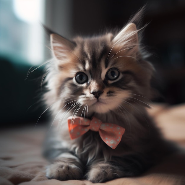 A cat with a bow tie on is laying on a bed.