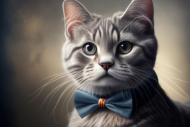 A cat with a bow tie is wearing a blue bow tie.