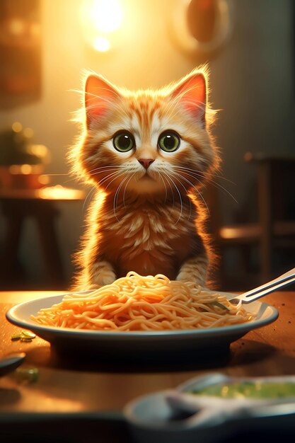 A cat with a bowl of spaghetti on it is eating spaghetti.