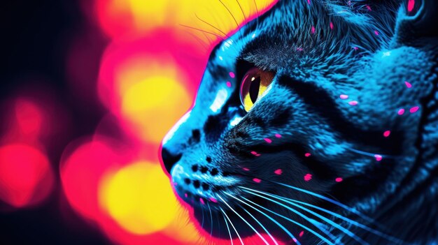 A cat with bright colors in the background ai