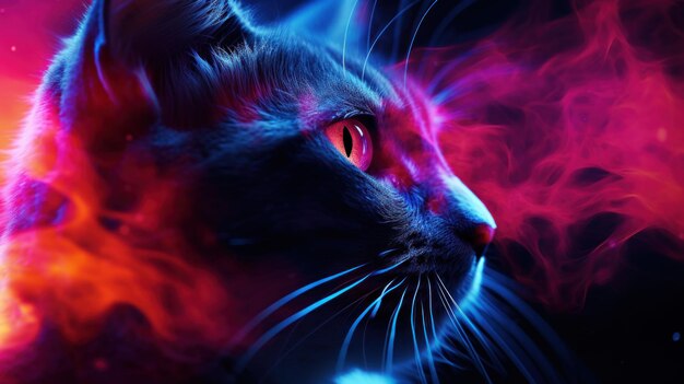 A cat with bright red eyes and a blue background ai