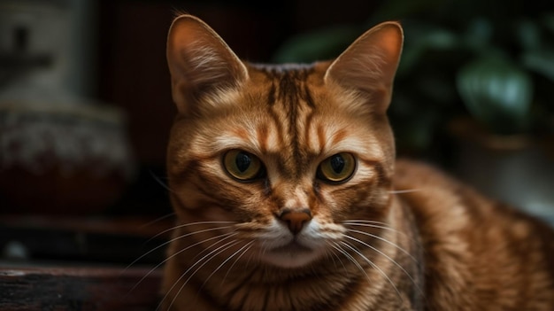 Кошка с коричневым и черным полосатым лицом и желтыми глазами