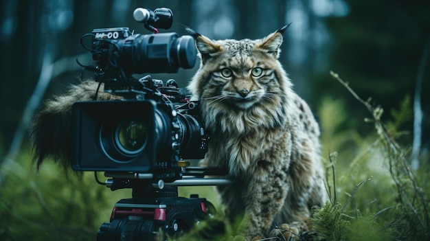 Cat with camera on green grass in nature