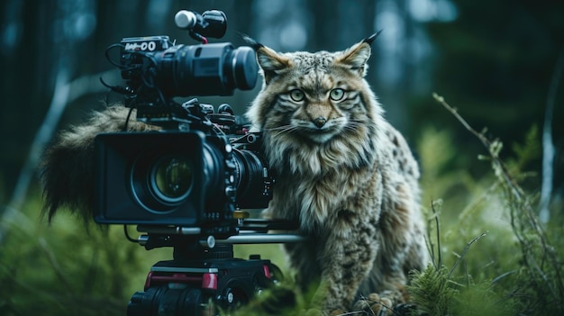 自然の中の緑の草の上でカメラを持った猫