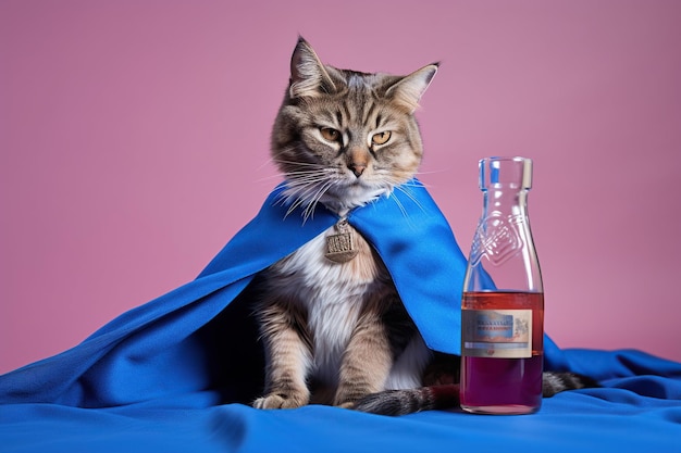 A cat with a cape and a bottle of red wine.