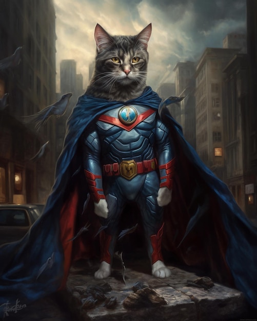 A cat with a cape and cape is standing on a city street.