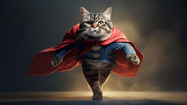 A cat with a cape that says super hero on it