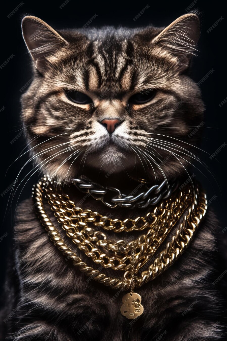 Premium AI Image A cat with a chain around his neck is wearing a gold chain.