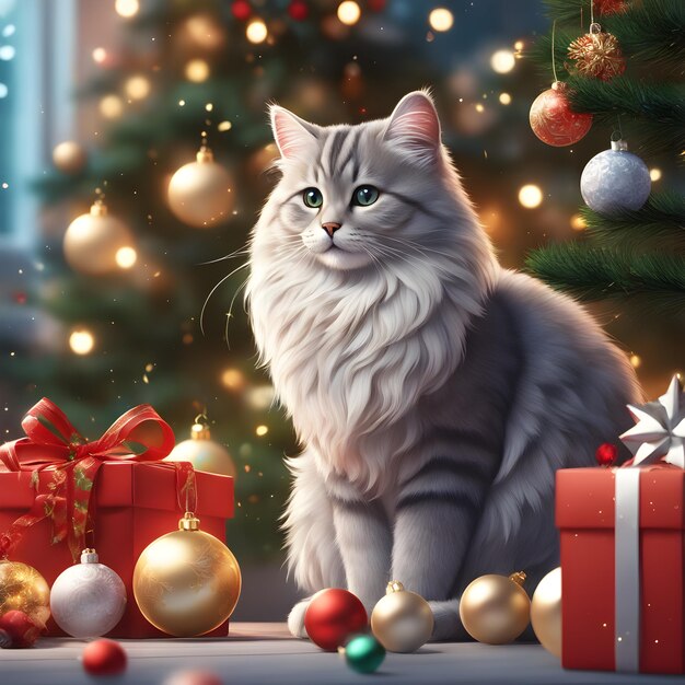 クリスマス の 贈り物 を 持つ 猫